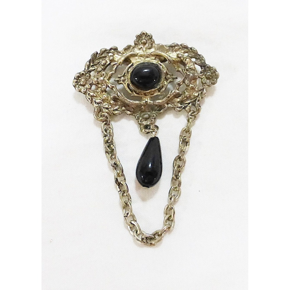 Vtg victorian style brooch pin with chain black stone metal florentine gold tone